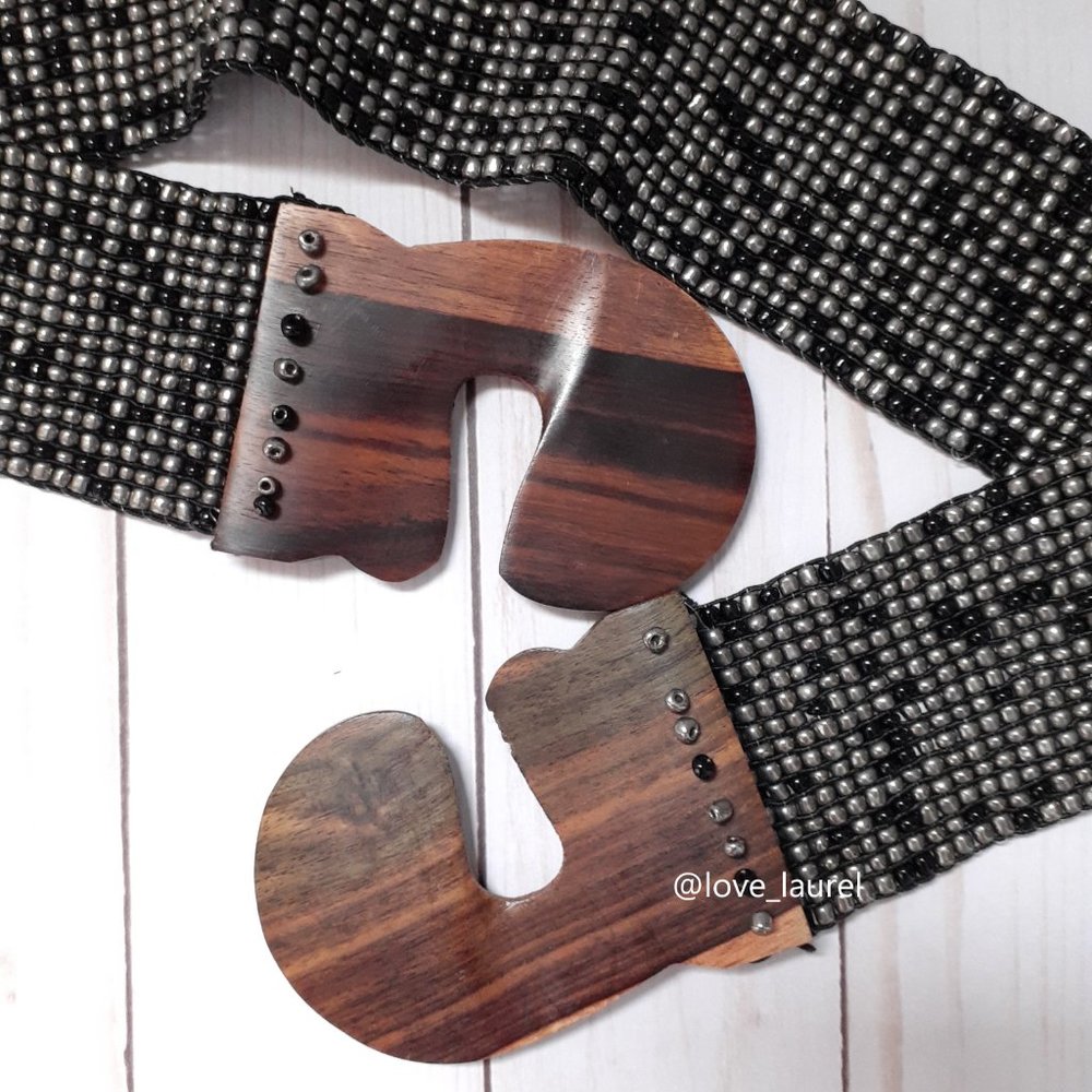 Beaded Wood Stretch Wide Belt Boho Bohemian Artisan Brown Black Gray - Picture 7 of 8